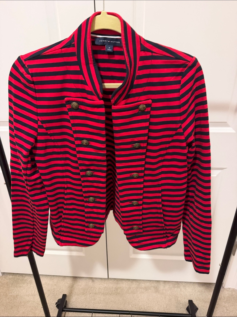 Tommy Hilfiger Red and Navy Striped Military-Style Blazer